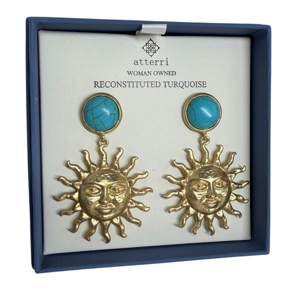 Atterri Reconstituted Turquoise Gold Celestial Sun Face Drop Earrings NIB